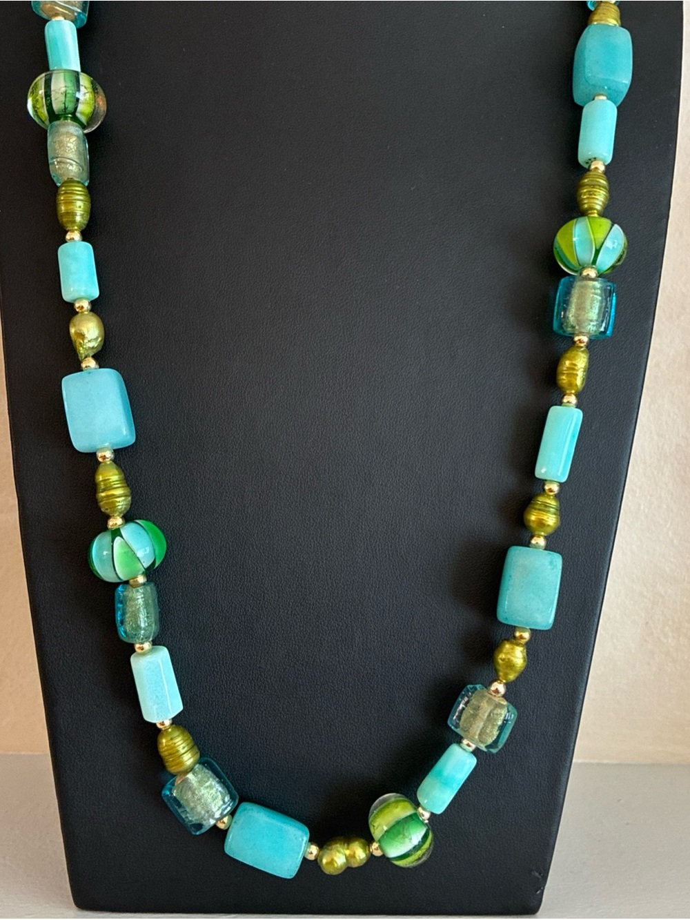 Hand crafted necklace with stone, pearl, and art glass beads in aqua and green - Picture 2 of 7